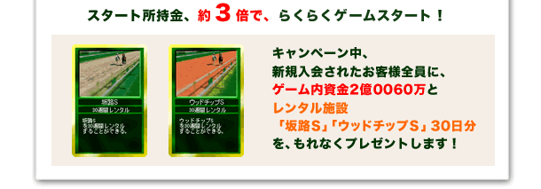 スタート所持金、約3倍で、らくらくゲームスタート! キャンペーン中、新規入会されたのお客様全員に、ゲーム内資金2億0060万とレンタル施設「坂路S」「ウッドチップS」30日分をもれなくプレゼントします!