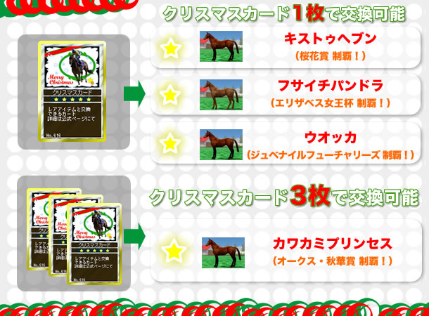 クリスマスカード3枚で交換可能 ・カワカミプリンセス(オークス・秋華賞)/クリスマスカード1枚で交換可能・キストゥヘブン(桜花賞)・フサイチパンドラ(エリザベス女王杯)・ウオッカ(ジュベナイルフューチャリーズ)