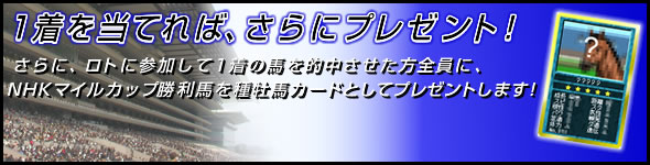 1着を当てれば、さらにプレゼント!さらに、ロトに参加して1着の馬を的中させた方全員に、NHKマイルカップ勝利馬を種牡馬カードとしてプレゼントします!