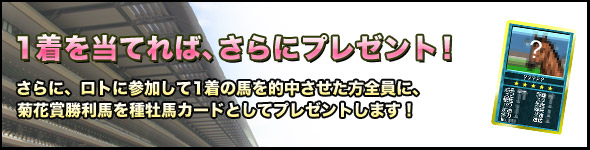 1着を当てれば、さらにプレゼント!さらに、ロトに参加して1着の馬を的中させた方全員に、菊花賞勝利馬を種牡馬カードとしてプレゼントします!