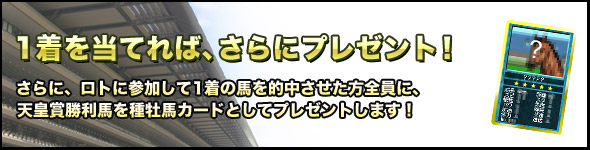 1着を当てれば、さらにプレゼント!さらに、ロトに参加して1着の馬を的中させた方全員に、天皇賞勝利馬を種牡馬カードとしてプレゼントします!