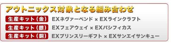 【アウトニックス対象となる組み合わせ】『生産キット(金)』・EXネヴァーベンド×EXラインクラフト『生産キット(銀)』・EXフェアウェイ×EXパシフィカス『生産キット(銅)』・EXプリンスリーギフト×EXサンエイサンキュー